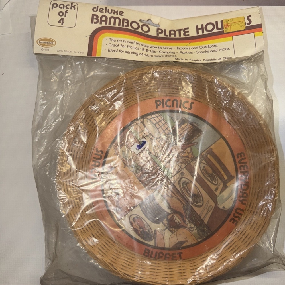 Vintage Set of 4 Bamboo Wicker Paper Plate Holders New In Package NOS